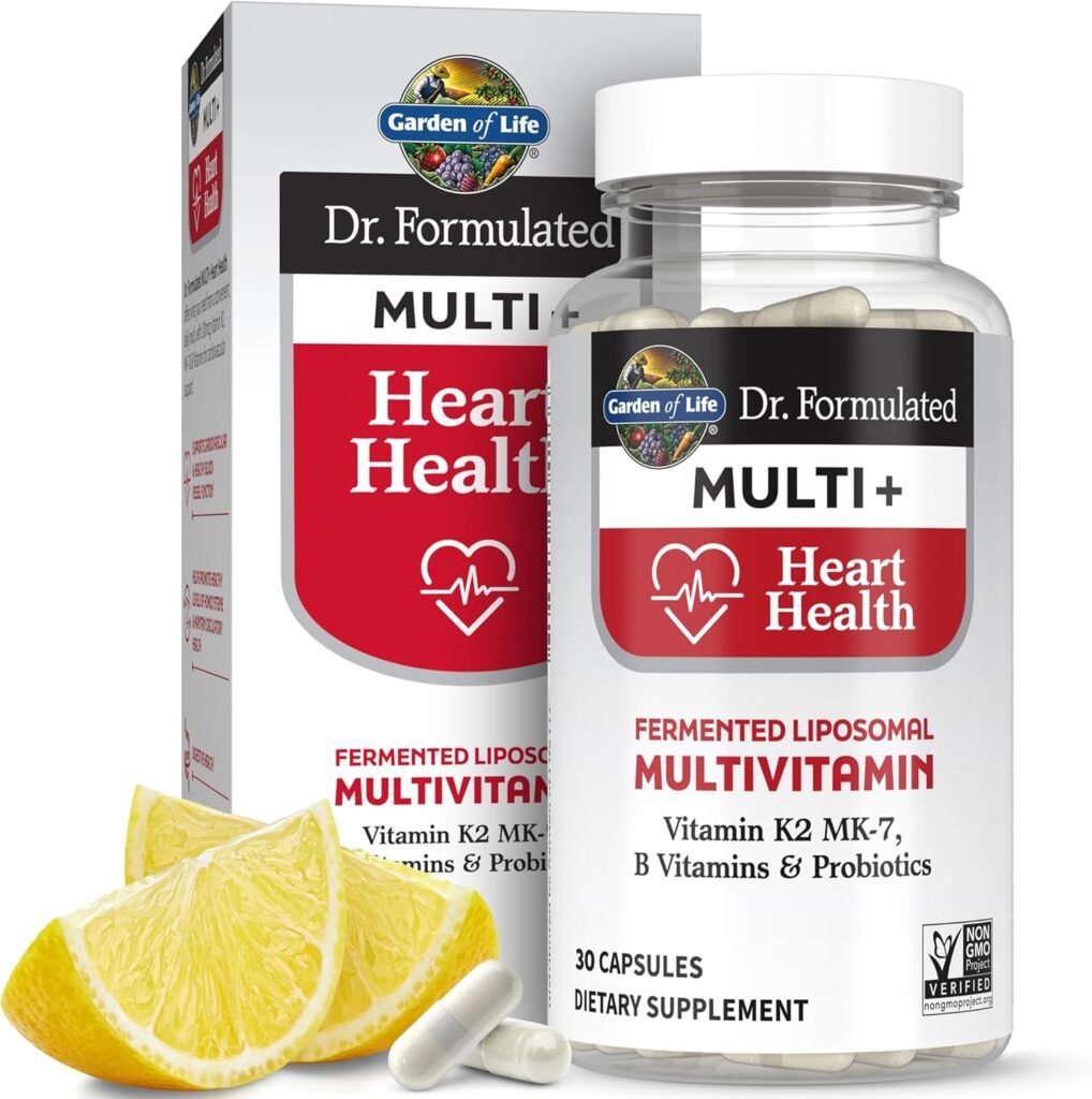 garden of life dr. formulated multi+ heart health fermented liposomal multivitamin + vitamin k2 mk 7, b vitamins & probiotics one a day for cardiovascular & blood vessel function, 30 capsules