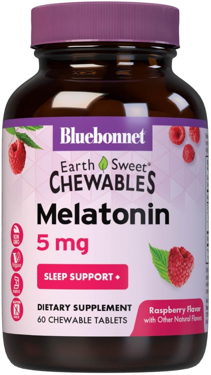 bluebonnet earthsweet melatonin 5 mg fast acting quick dissolve nighttime relaxation & restful sleep support sleep aid gluten free, vegan raspberry flavor 60 chewable tablets bluebonnet earthsweet melatonin 5 mg fast acting quick dissolve nighttime relaxation & restful sleep support sleep aid gluten free, vegan raspberry flavor 60 chewable tablets