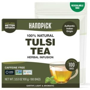 handpick original tulsi tea (100 count) holy basil tea | non gmo, caffeine free herbal tea | ecofriendly round tea bags