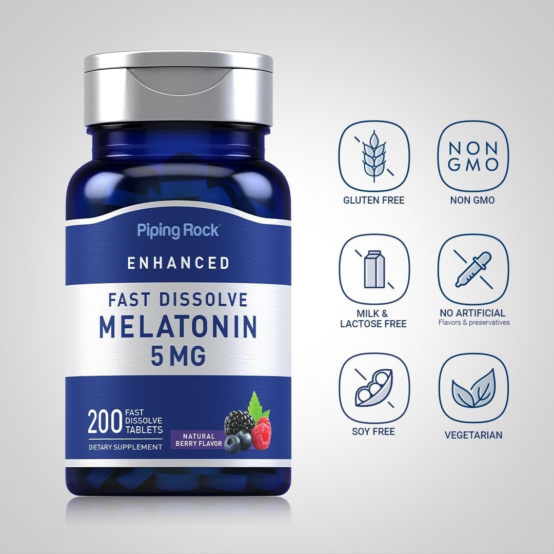 piping rock melatonin 5mg | 200 fast dissolve tablets | berry flavor | adult supplement | vegetarian, non gmo, gluten free formula piping rock melatonin 5mg | 200 fast dissolve tablets | berry flavor | adult supplement | vegetarian, non gmo, gluten free formula
