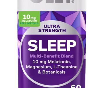 olly ultra strength sleep softgels, 10mg melatonin, l theanine, chamomile, magnesium, lemon balm, supports deep restful sleep, nighttime sleep aid, non habit forming 60 count