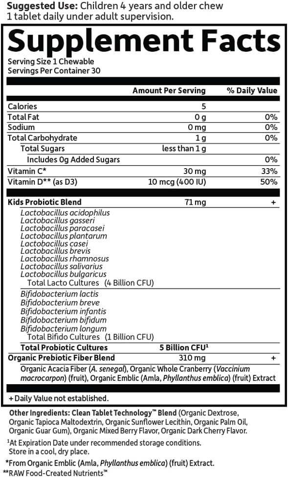 garden of life dr. formulated probiotics organic kids+ plus vitamin c & d berry cherry gluten, dairy & soy free immune & digestive health supplement, no added sugar, 30 chewables (shelf stable) garden of life dr. formulated probiotics organic kids+ plus vitamin c & d berry cherry gluten, dairy & soy free immune & digestive health supplement, no added sugar, 30 chewables (shelf stable)
