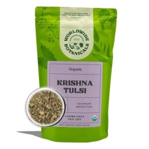 worldwide botanicals organic holy basil tea, 8oz tulsi krishna loose leaf premium herbal tea, 100% pure tulsi holy basil, fair trade, adaptogenic, kosher