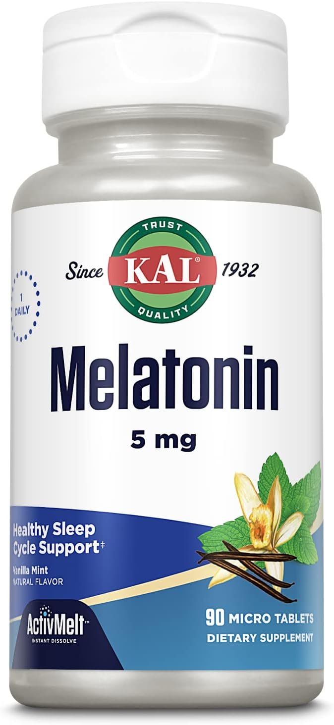 kal melatonin 5mg sleep aid, melatonin supplement supports calming relaxation and a healthy sleep cycle, fast dissolving activmelts, natural vanilla mint flavor, vegetarian, 90 serv, 90 micro tablets kal melatonin 5mg sleep aid, melatonin supplement supports calming relaxation and a healthy sleep cycle, fast dissolving activmelts, natural vanilla mint flavor, vegetarian, 90 serv, 90 micro tablets