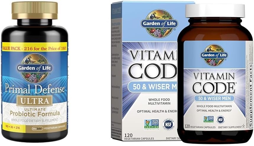 garden of life probiotic and multivitamin bundle primal defense ultra ultimate probiotic, 216 capsules + vitamin code 50 & wiser men's multivitamin, 120 capsules garden of life probiotic and multivitamin bundle primal defense ultra ultimate probiotic, 216 capsules + vitamin code 50 & wiser men's multivitamin, 120 capsules