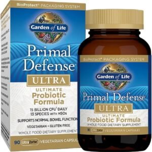 garden of life probiotics for digestive health balance, primal defense ultra ultimate formula, 15 billion cfu and 13 strains plus hsos, vegetarian and gluten free, 90 capsules