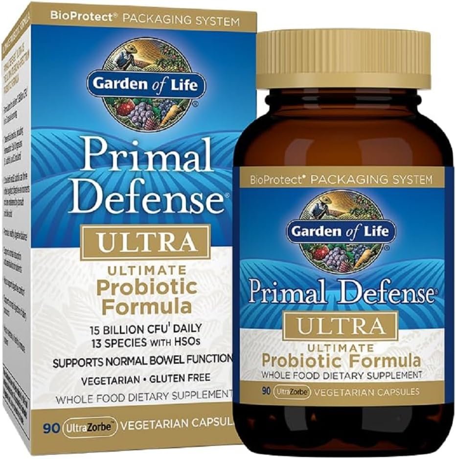 garden of life probiotics for digestive health balance, primal defense ultra ultimate formula, 15 billion cfu and 13 strains plus hsos, vegetarian and gluten free, 90 capsules garden of life probiotics for digestive health balance, primal defense ultra ultimate formula, 15 billion cfu and 13 strains plus hsos, vegetarian and gluten free, 90 capsules