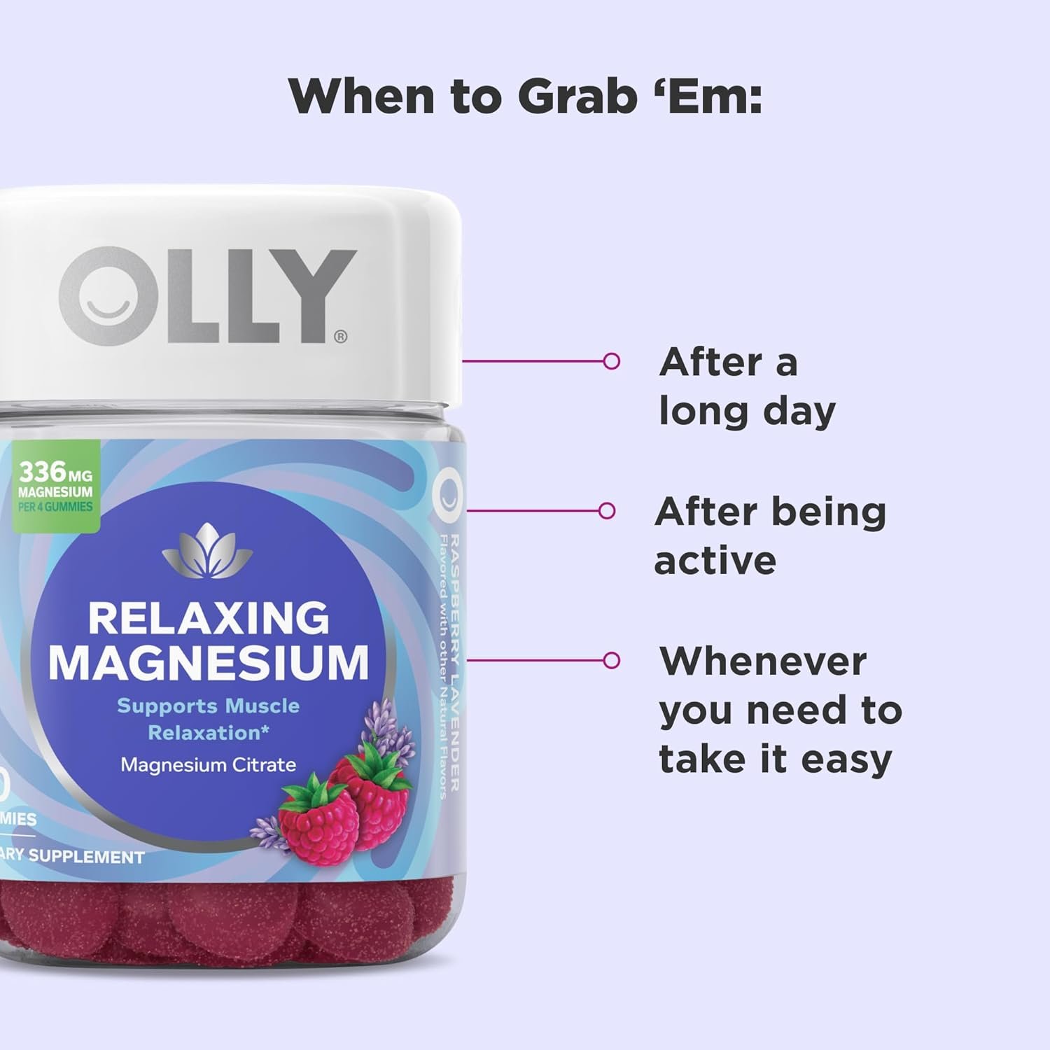 olly relaxing magnesium gummies, supports muscle relaxation*, magnesium citrate, raspberry lavender flavor, 15 day supply 60 count olly relaxing magnesium gummies, supports muscle relaxation*, magnesium citrate, raspberry lavender flavor, 15 day supply 60 count