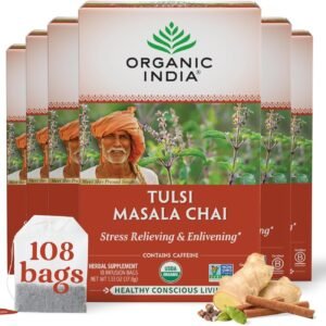 organic india tulsi masala chai tea bags holy basil, black tea, spices with ginger, stress relieving, immune support, usda certified organic, antioxidant, caffeinated 18 infusion bags, 6 pack