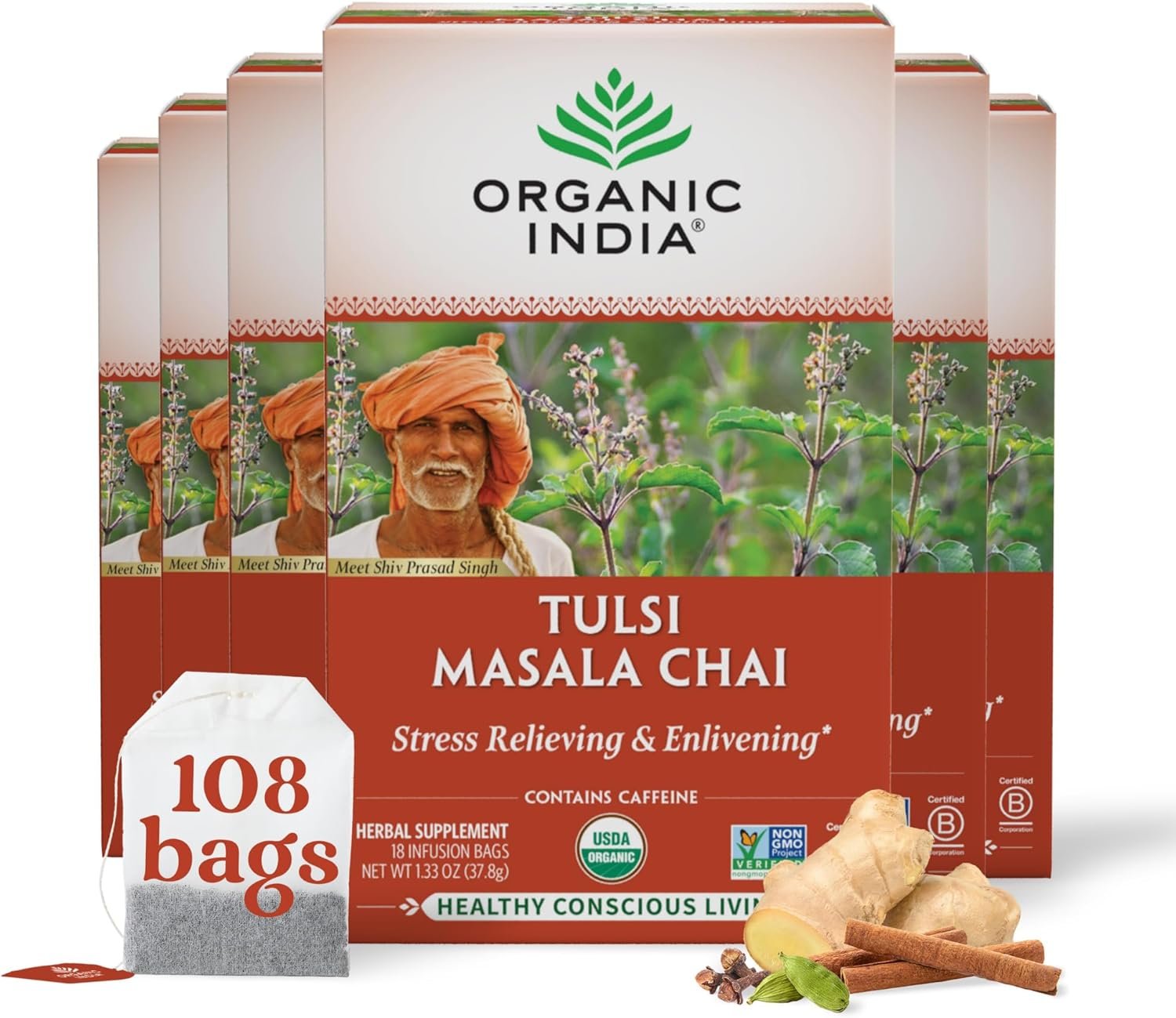 organic india tulsi masala chai tea bags holy basil, black tea, spices with ginger, stress relieving, immune support, usda certified organic, antioxidant, caffeinated 18 infusion bags, 6 pack organic india tulsi masala chai tea bags holy basil, black tea, spices with ginger, stress relieving, immune support, usda certified organic, antioxidant, caffeinated 18 infusion bags, 6 pack