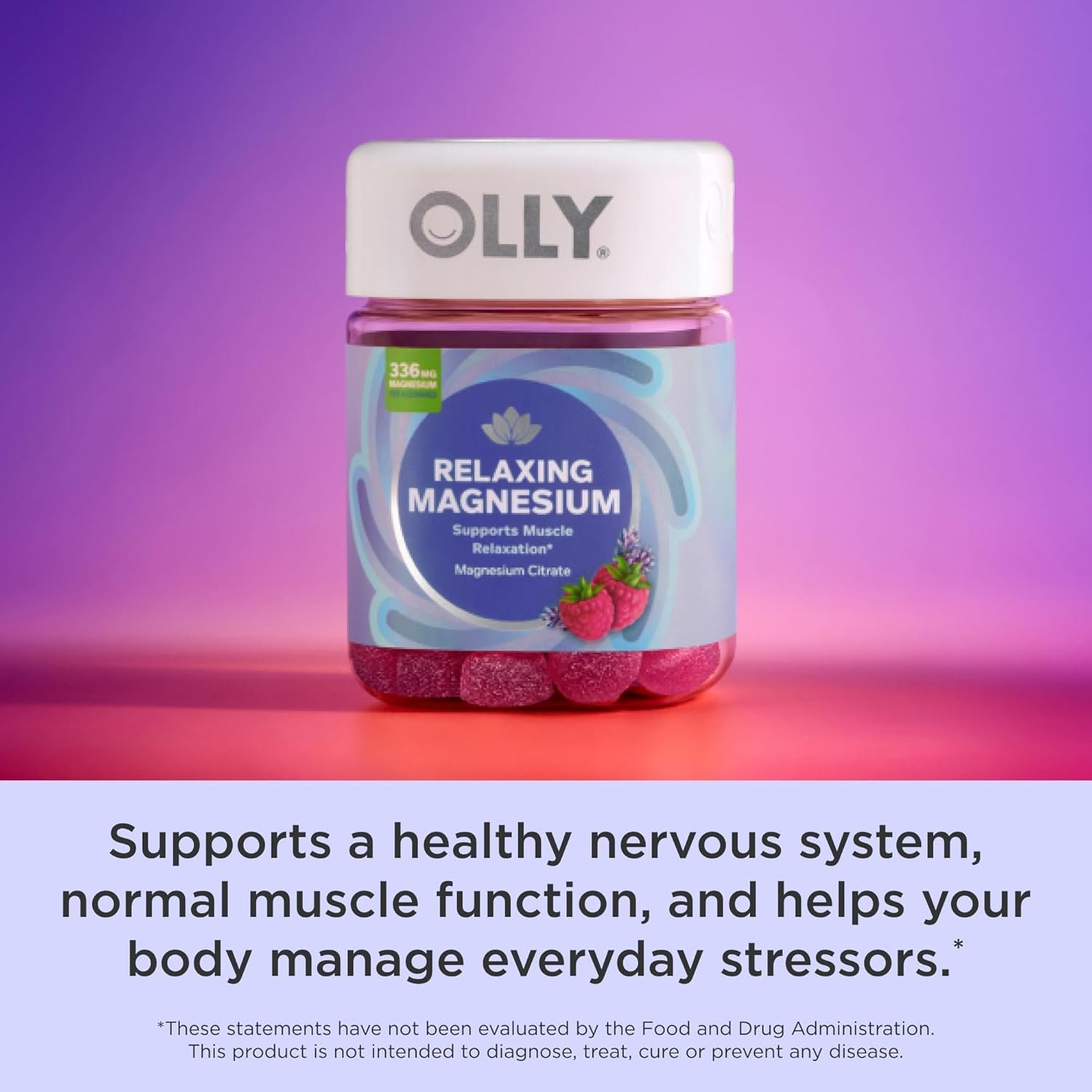 olly relaxing magnesium gummies, supports muscle relaxation*, magnesium citrate, raspberry lavender flavor, 15 day supply 60 count olly relaxing magnesium gummies, supports muscle relaxation*, magnesium citrate, raspberry lavender flavor, 15 day supply 60 count
