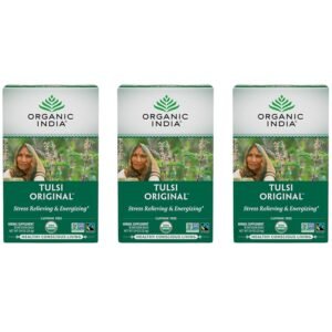 organic india tulsi original herbal tea holy basil and african basil calming and stress relief tea, immune support, usda certified organic, non gmo, caffeine free 18 infusion bags, 3 pack