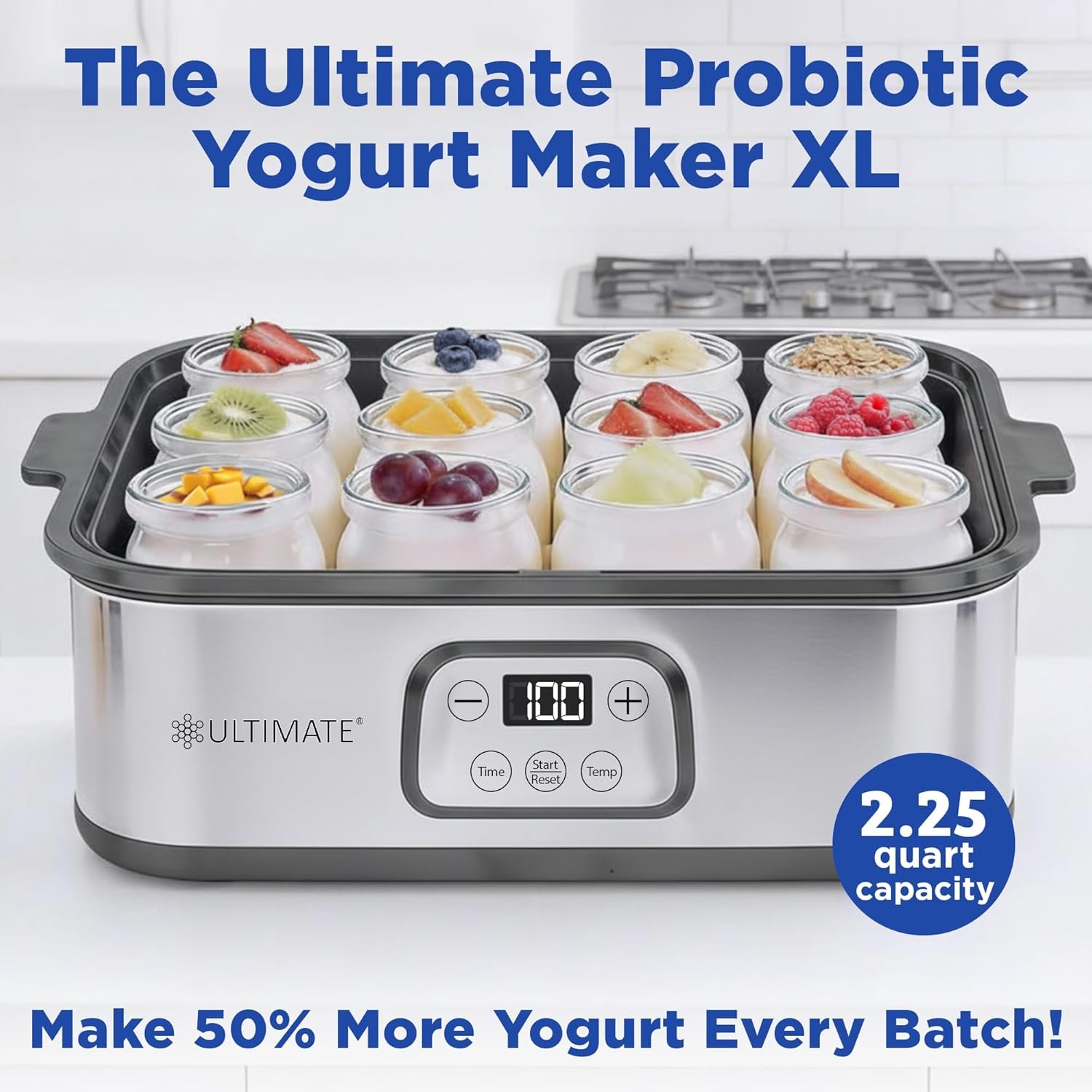 ultimate probiotic yogurt maker xl adjustable time & temperature control 50% more capacity with 12 x 6oz yogurt jars make trillions of probiotics for gut health ultimate lifetime warranty ultimate probiotic yogurt maker xl adjustable time & temperature control 50% more capacity with 12 x 6oz yogurt jars make trillions of probiotics for gut health ultimate lifetime warranty