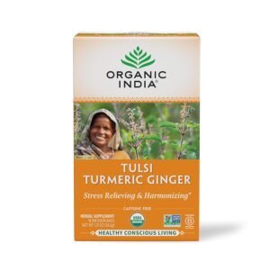 organic india tulsi turmeric ginger tea bags herbal tea, stress relieving & harmonizing, immune support, healthy inflammatory response, aids digestion, caffeine free 18 infusion bags, 1 pack