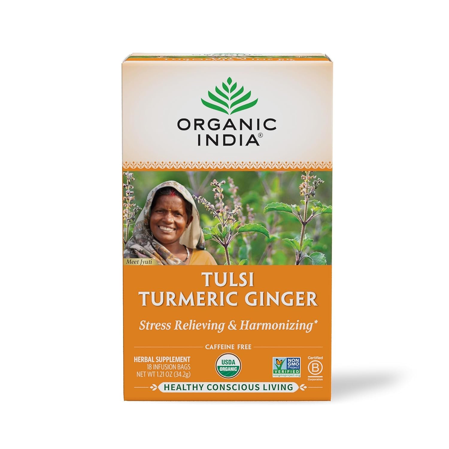 organic india tulsi turmeric ginger tea bags herbal tea, stress relieving & harmonizing, immune support, healthy inflammatory response, aids digestion, caffeine free 18 infusion bags, 1 pack organic india tulsi turmeric ginger tea bags herbal tea, stress relieving & harmonizing, immune support, healthy inflammatory response, aids digestion, caffeine free 18 infusion bags, 1 pack