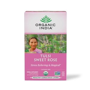 organic india tulsi sweet rose herbal tea holy basil, stress relieving & magical, immune support, adaptogen, vegan, usda certified organic, non gmo, caffeine free 18 infusion bags, 1 pack