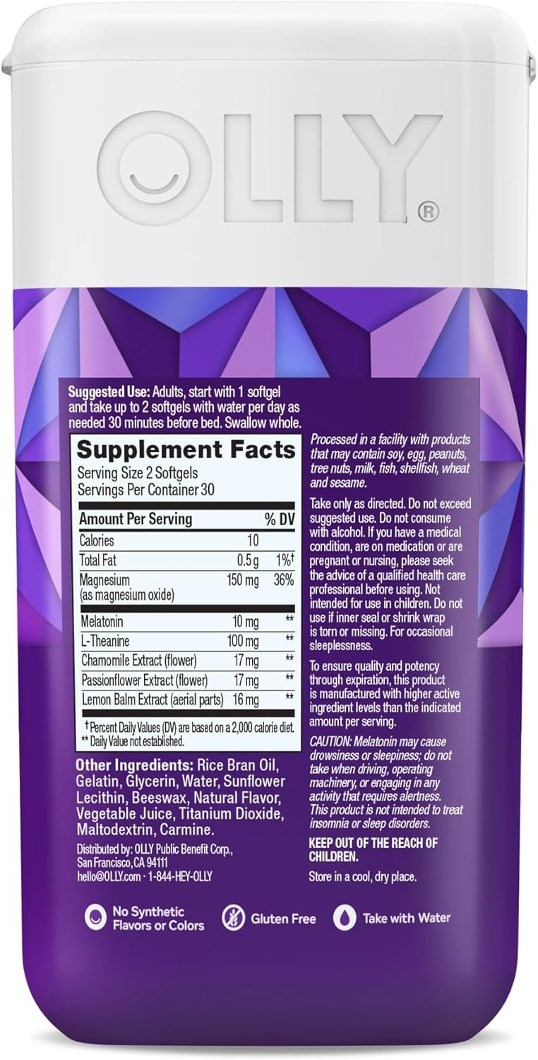 olly ultra strength sleep softgels, 10mg melatonin, l theanine, chamomile, magnesium, lemon balm, supports deep restful sleep, nighttime sleep aid, non habit forming 60 count olly ultra strength sleep softgels, 10mg melatonin, l theanine, chamomile, magnesium, lemon balm, supports deep restful sleep, nighttime sleep aid, non habit forming 60 count