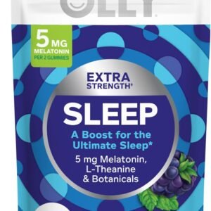 olly extra strength sleep gummy, 5 mg melatonin, l theanine, chamomile, lemon balm extracts, sleep aid, blackberry flavor 120 count
