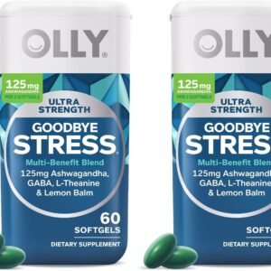 olly ultra strength goodbye stress softgels, gaba, ashwagandha, l theanine and lemon balm, stress relief supplement 60 count (pack of 2)