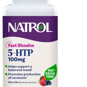 natrol 5 htp 100 mg, fast dissolve supplement, supports a balanced mood, serotonin production and general well being, 30 mixed berry tablets, up to a 30 day supply