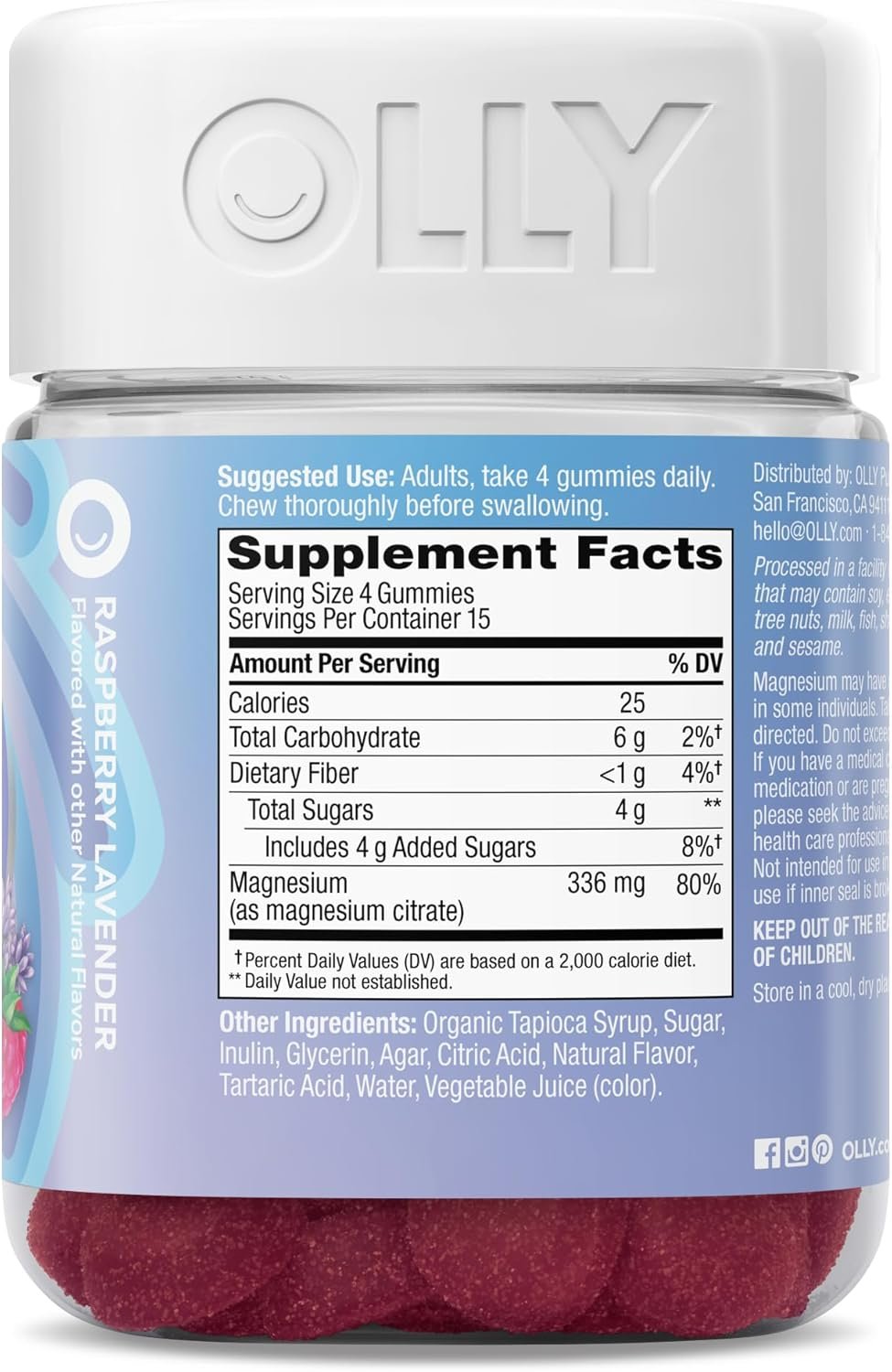 olly relaxing magnesium gummies, supports muscle relaxation*, magnesium citrate, raspberry lavender flavor, 15 day supply 60 count olly relaxing magnesium gummies, supports muscle relaxation*, magnesium citrate, raspberry lavender flavor, 15 day supply 60 count