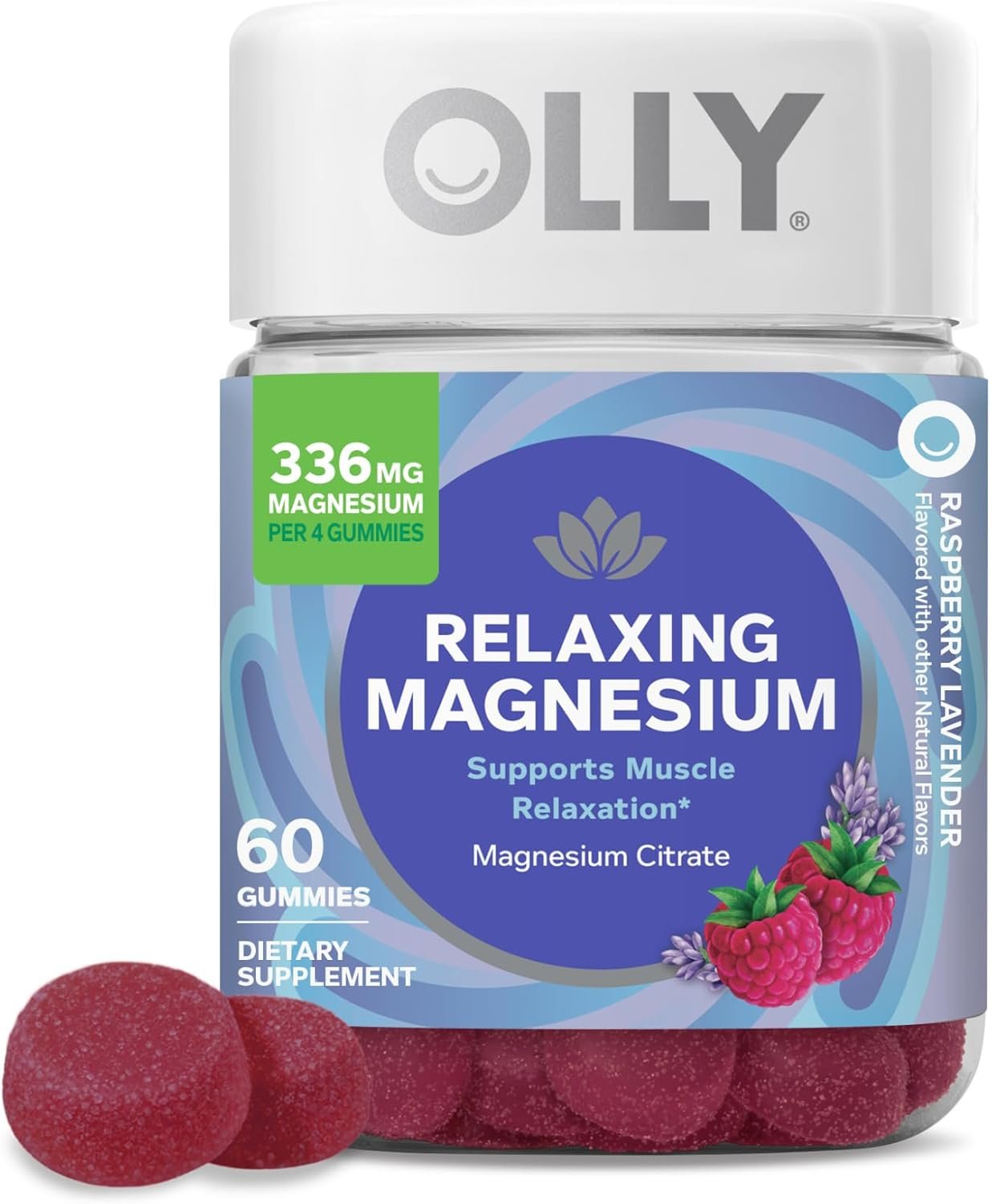 olly relaxing magnesium gummies, supports muscle relaxation*, magnesium citrate, raspberry lavender flavor, 15 day supply 60 count olly relaxing magnesium gummies, supports muscle relaxation*, magnesium citrate, raspberry lavender flavor, 15 day supply 60 count