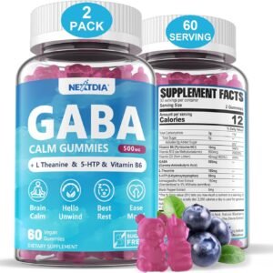 gaba gummies 500 mg sugar free calm gummies with l theanine, 5 htp, vitamins d3, b12, ashwagandha, melatonin free for brain calm, mood, zzz better, gaba supplement for adult, blueberry flavor, vegan