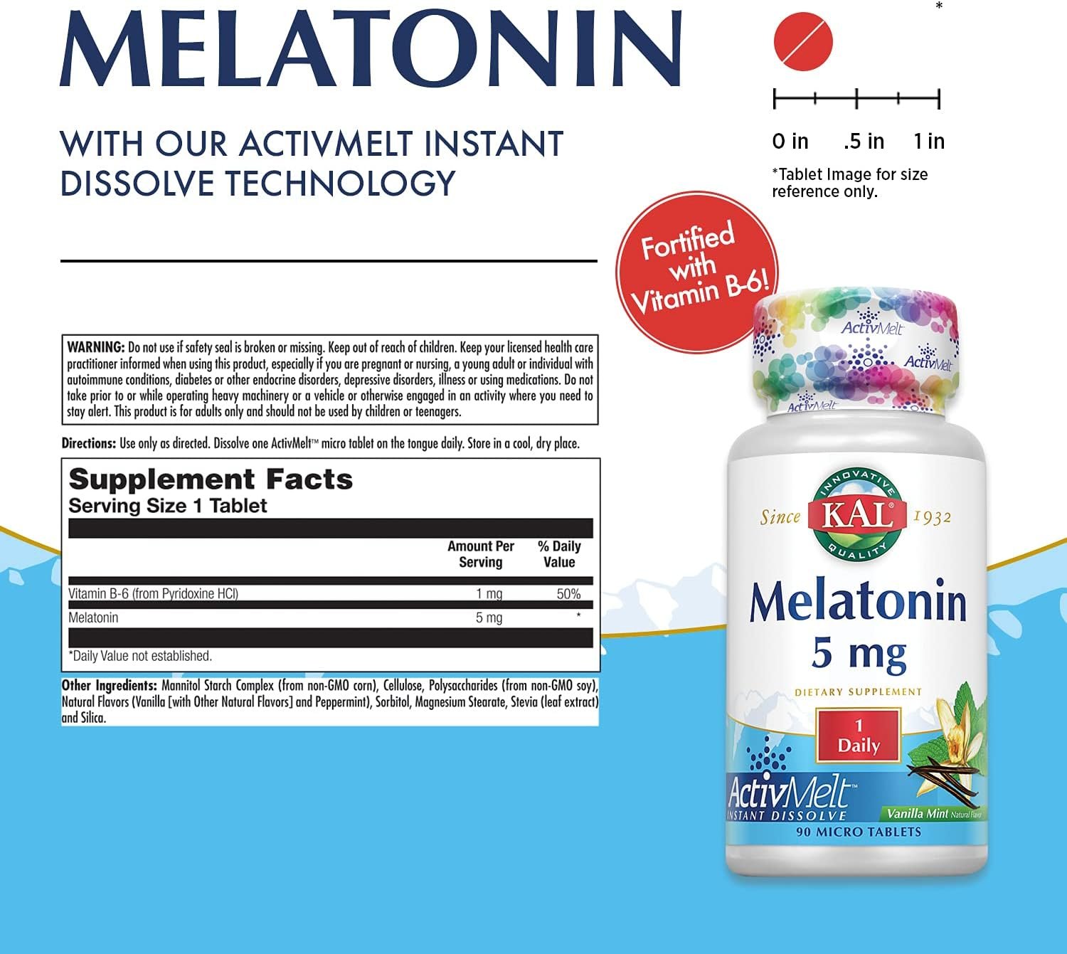 kal melatonin 5mg sleep aid, melatonin supplement supports calming relaxation and a healthy sleep cycle, fast dissolving activmelts, natural vanilla mint flavor, vegetarian, 90 serv, 90 micro tablets kal melatonin 5mg sleep aid, melatonin supplement supports calming relaxation and a healthy sleep cycle, fast dissolving activmelts, natural vanilla mint flavor, vegetarian, 90 serv, 90 micro tablets