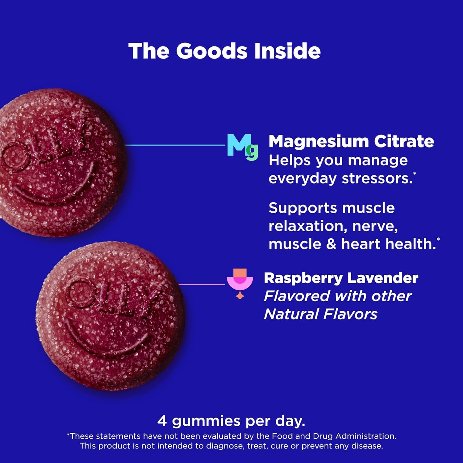 olly relaxing magnesium gummies, supports muscle relaxation*, magnesium citrate, raspberry lavender flavor, 15 day supply 60 count olly relaxing magnesium gummies, supports muscle relaxation*, magnesium citrate, raspberry lavender flavor, 15 day supply 60 count