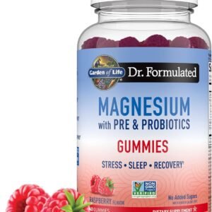 garden of life magnesium citrate supplement gummies with prebiotics & probiotics for stress, sleep & recovery vegan, gluten free, kosher, non gmo, no added sugars, raspberry flavor, 60 count