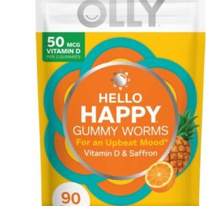 olly hello happy gummy worms, mood balance support, vitamin d, saffron, adult chewable supplement, gluten free, tropical zing 90 count