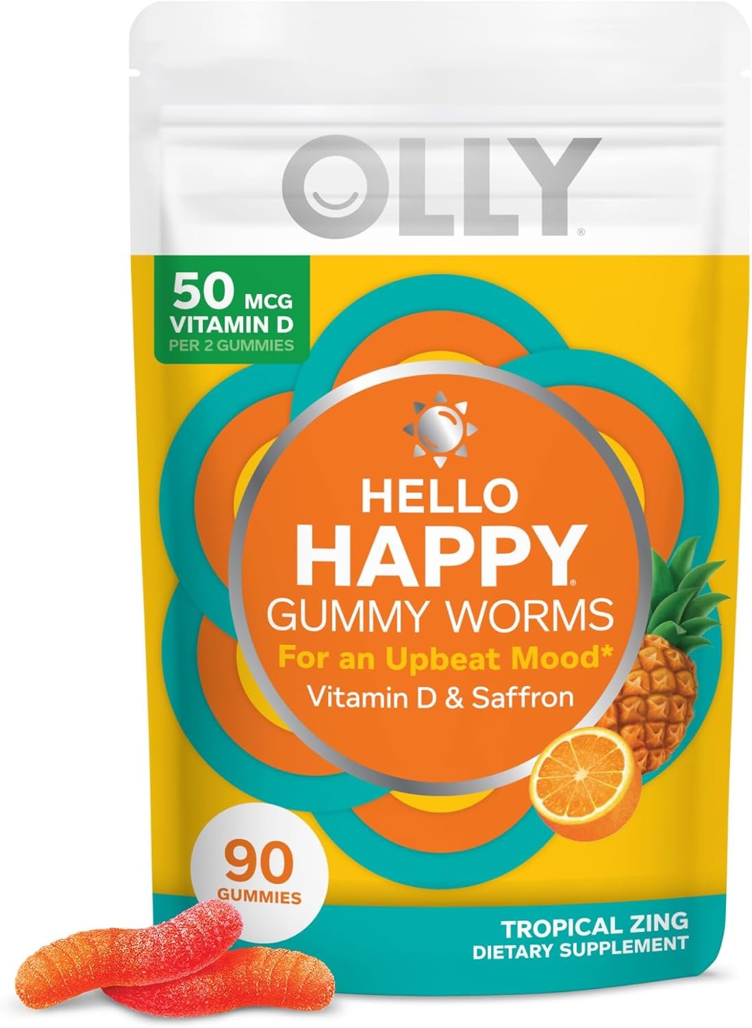 olly hello happy gummy worms, mood balance support, vitamin d, saffron, adult chewable supplement, gluten free, tropical zing 90 count olly hello happy gummy worms, mood balance support, vitamin d, saffron, adult chewable supplement, gluten free, tropical zing 90 count