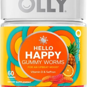 olly hello happy gummy worms, mood balance support, vitamin d, saffron, adult chewable supplement, tropical zing 60 count