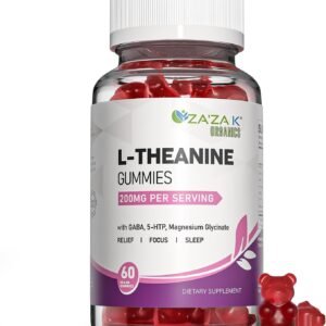 za'za k organics l theanine 200mg gummy, l theanine supplement gummies with gaba, 5 htp & magnesium glycinate for adults and kids, stress & focus support, vegan peach flavor, 60 chewable