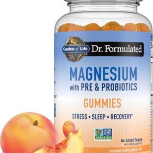 garden of life magnesium citrate supplement gummies with prebiotics & probiotics for stress, sleep & recovery vegan, gluten free, kosher, non gmo, no added sugars, peach flavor, 60 count