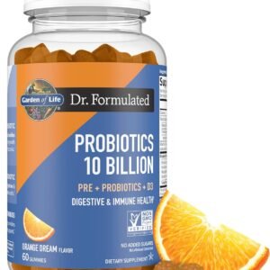 garden of life dr formulated 10 billion cfu prebiotic fiber & probiotic gummies with vitamin d3 for digestive and immune health – gluten free, non gmo, no added sugar, orange dream flavor, 60 gummies