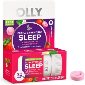 olly extra strength sleep fast dissolve tablets, 5mg melatonin, vegan, strawberry 30ct