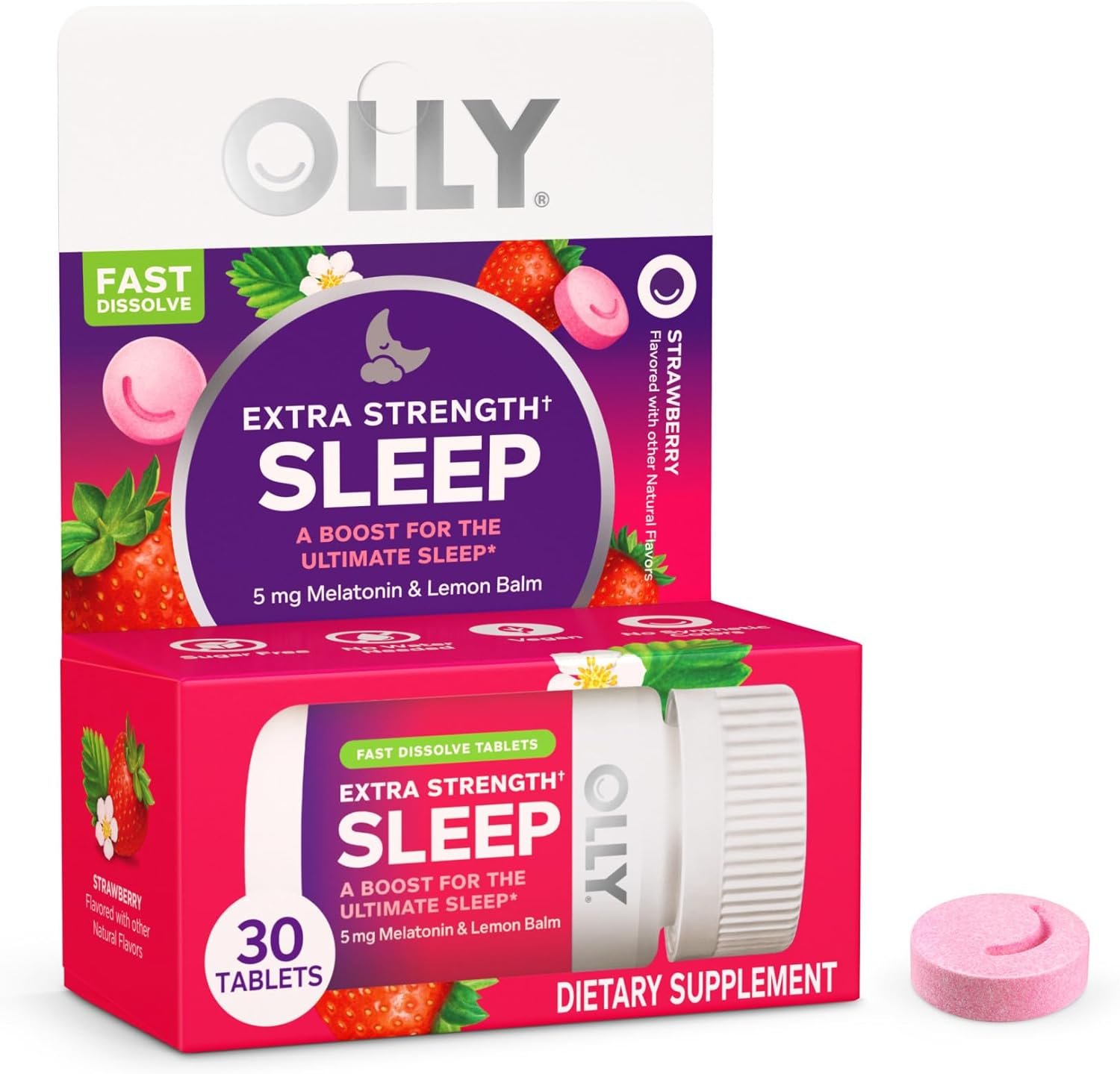 olly extra strength sleep fast dissolve tablets, 5mg melatonin, vegan, strawberry 30ct olly extra strength sleep fast dissolve tablets, 5mg melatonin, vegan, strawberry 30ct