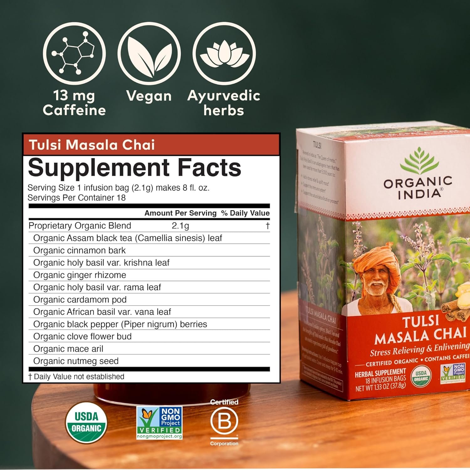 organic india tulsi masala chai tea bags holy basil, black tea, spices with ginger, stress relieving, immune support, usda certified organic, antioxidant, caffeinated 18 infusion bags, 6 pack organic india tulsi masala chai tea bags holy basil, black tea, spices with ginger, stress relieving, immune support, usda certified organic, antioxidant, caffeinated 18 infusion bags, 6 pack