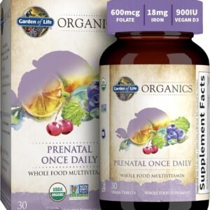 garden of life organics prenatal vitamin: folate for energy & healthy fetal development, non constipating iron, vitamin c, b6, b12, d3 – organic, non gmo, gluten free, vegan, 30 day supply