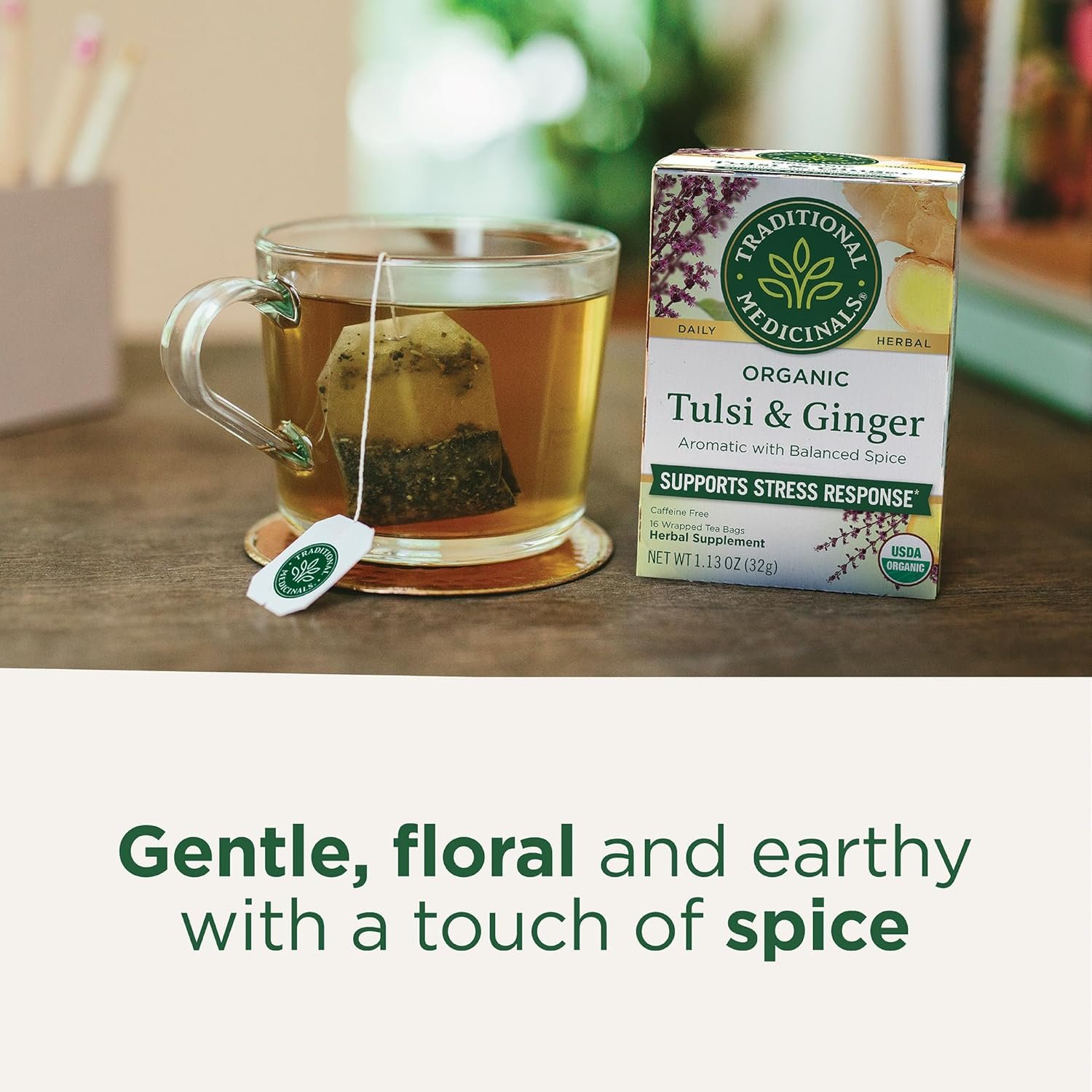 traditional medicinals tea, organic tulsi & ginger relieves stress, tension, & irritability kosher, non gmo, caffeine free 16 tea bags traditional medicinals tea, organic tulsi & ginger relieves stress, tension, & irritability kosher, non gmo, caffeine free 16 tea bags