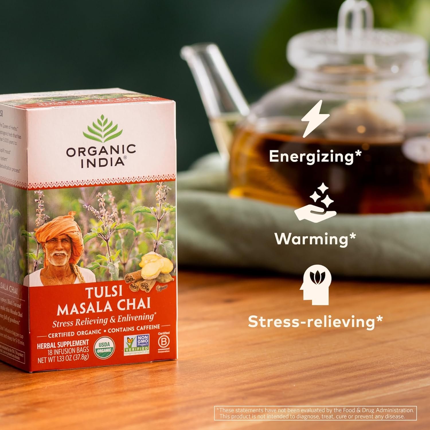 organic india tulsi masala chai tea bags holy basil, black tea, spices with ginger, stress relieving, immune support, usda certified organic, antioxidant, caffeinated 18 infusion bags, 6 pack organic india tulsi masala chai tea bags holy basil, black tea, spices with ginger, stress relieving, immune support, usda certified organic, antioxidant, caffeinated 18 infusion bags, 6 pack