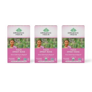 organic india tulsi sweet rose herbal tea holy basil leaf, african basil, chamomile, lemon myrtle, stress relieving, caffeine free 18 bags, 3 pack