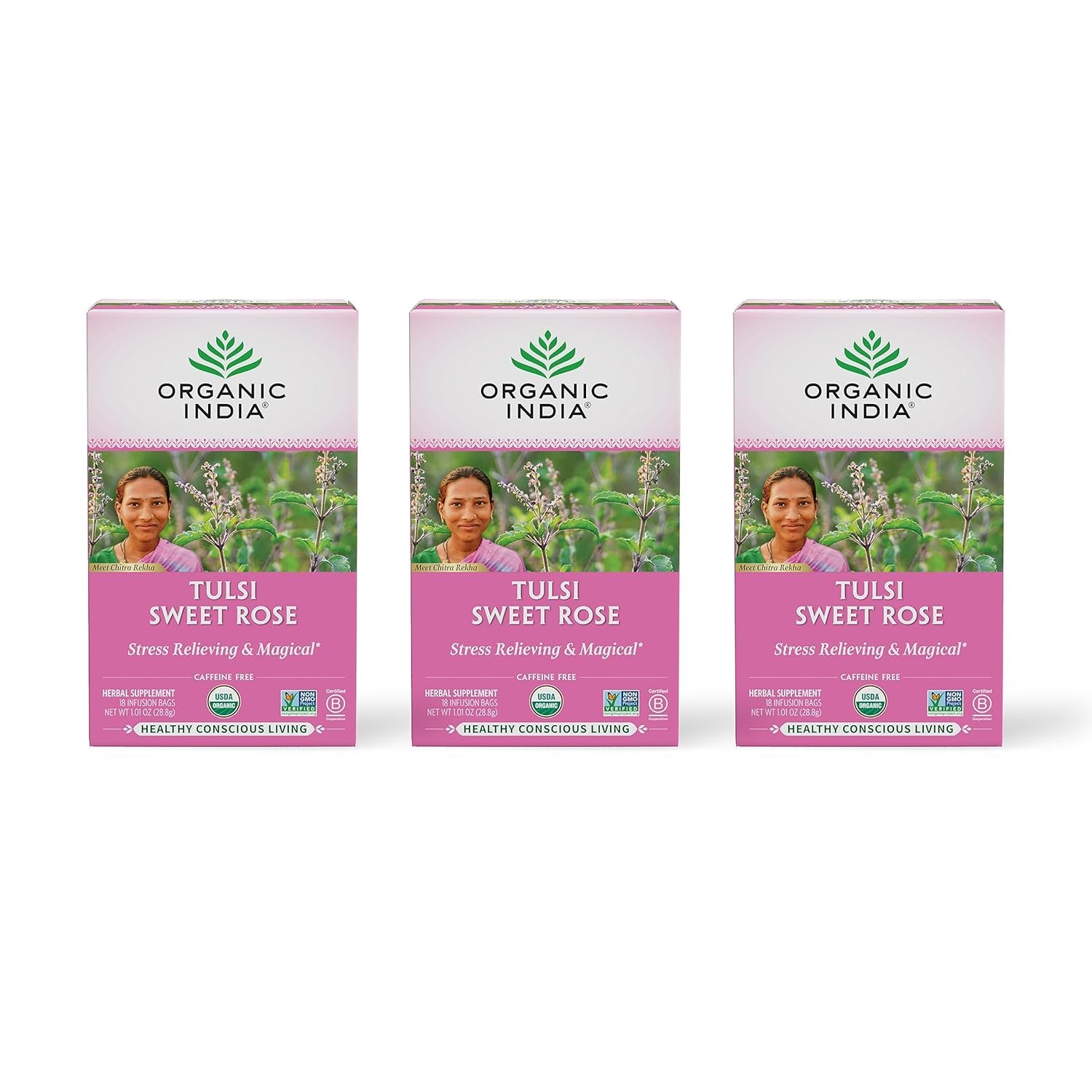 organic india tulsi sweet rose herbal tea holy basil leaf, african basil, chamomile, lemon myrtle, stress relieving, caffeine free 18 bags, 3 pack organic india tulsi sweet rose herbal tea holy basil leaf, african basil, chamomile, lemon myrtle, stress relieving, caffeine free 18 bags, 3 pack