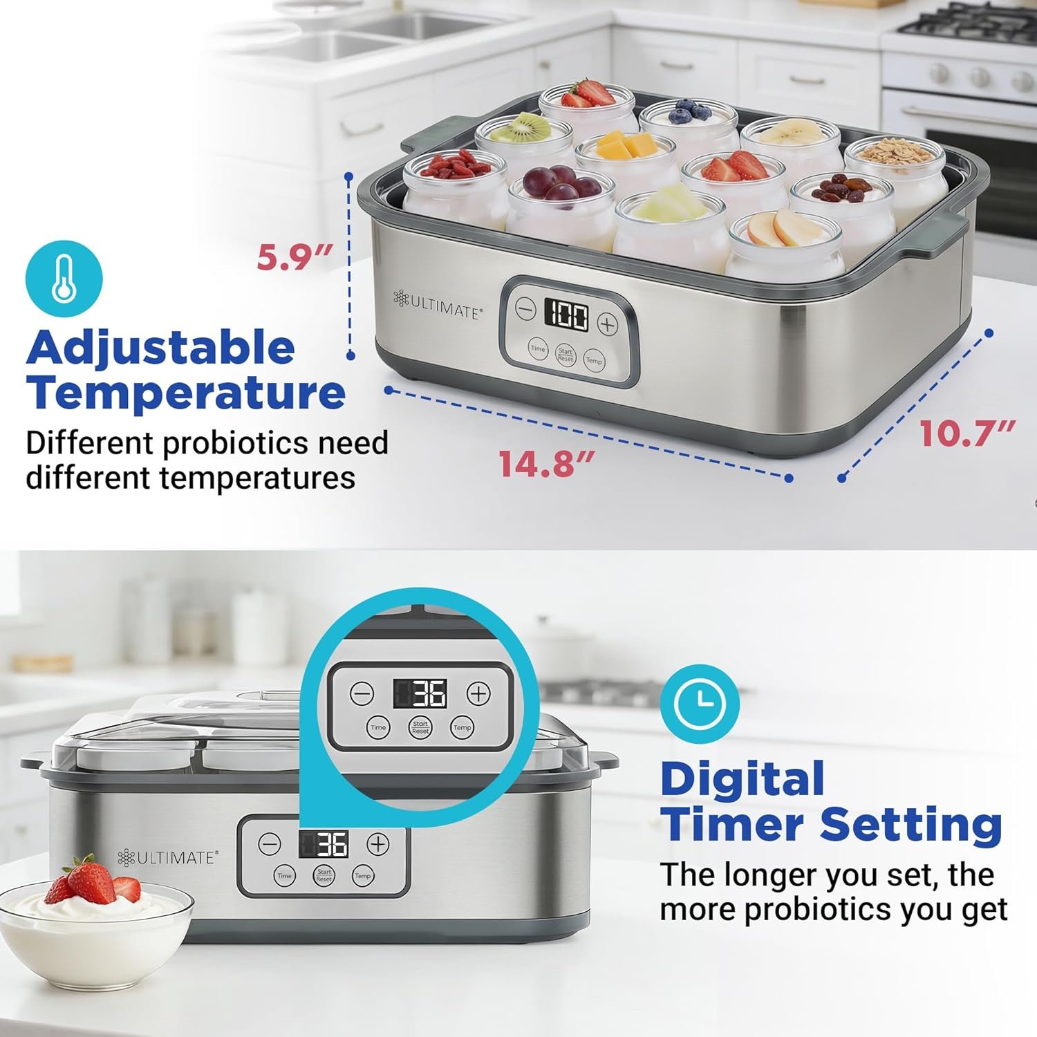 ultimate probiotic yogurt maker xl adjustable time & temperature control 50% more capacity with 12 x 6oz yogurt jars make trillions of probiotics for gut health ultimate lifetime warranty ultimate probiotic yogurt maker xl adjustable time & temperature control 50% more capacity with 12 x 6oz yogurt jars make trillions of probiotics for gut health ultimate lifetime warranty