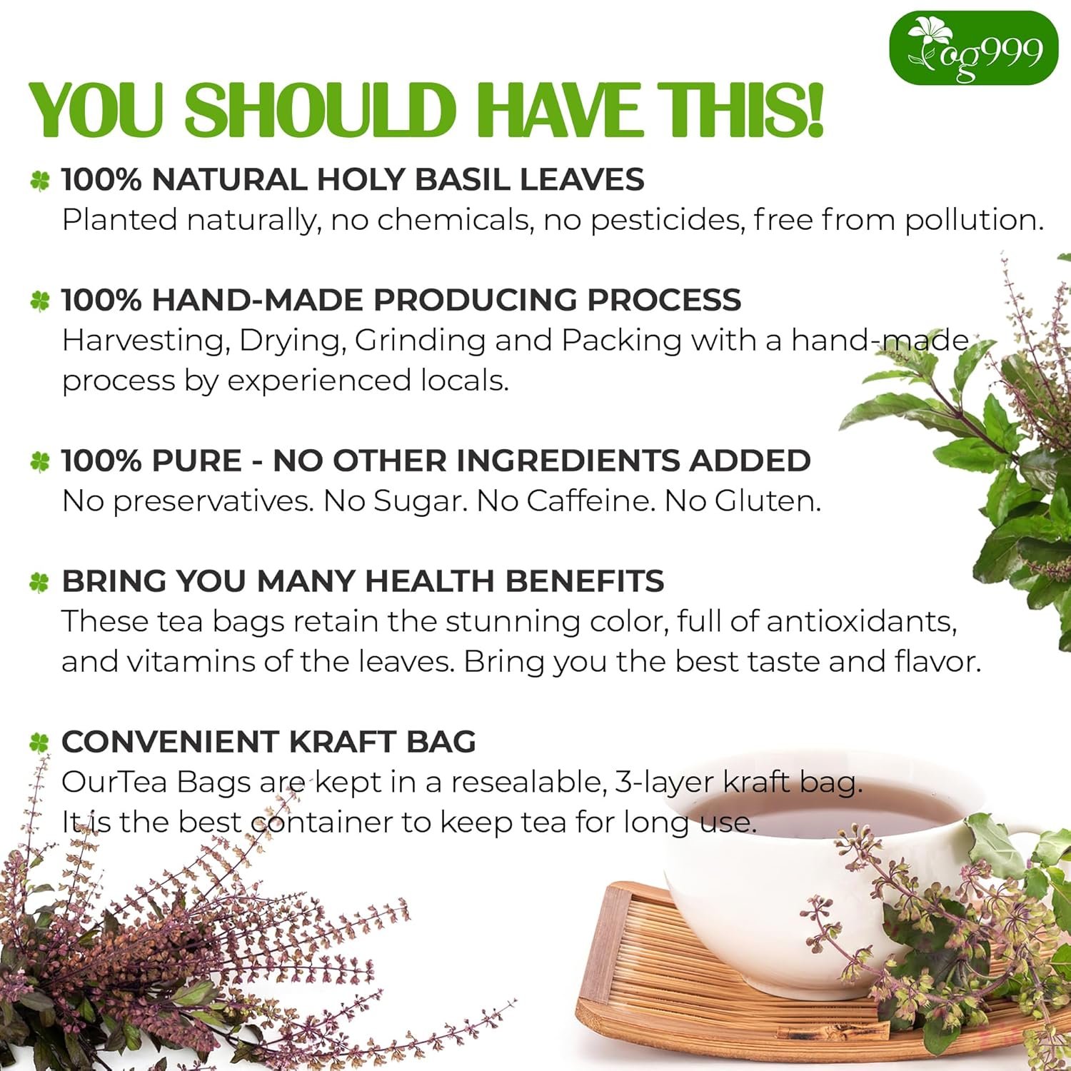 tog999, premium 120 holy basil leaf tea bags, 100% natural & pure holy basil leaves. loose leaf holy basil herbal tea. holy basil leaf tea. no sugar, no caffeine, no gluten, vegan. tog999, premium 120 holy basil leaf tea bags, 100% natural & pure holy basil leaves. loose leaf holy basil herbal tea. holy basil leaf tea. no sugar, no caffeine, no gluten, vegan.