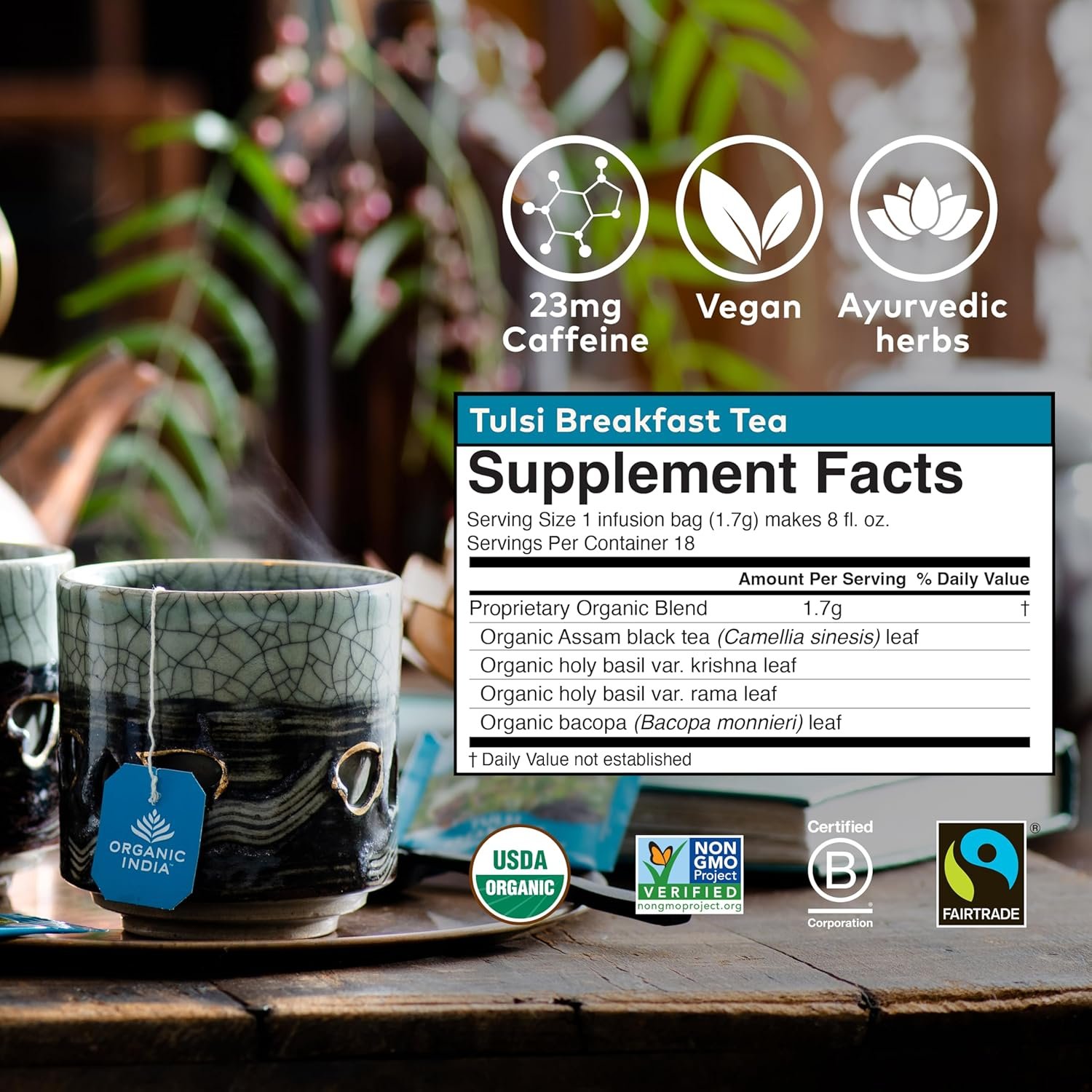 organic india tulsi breakfast herbal tea black tea, holy basil, relieve stress & energize, immune support, adaptogen vegan, usda certified organic, non gmo, caffeinated 18 infusion bags, 6 pack organic india tulsi breakfast herbal tea black tea, holy basil, relieve stress & energize, immune support, adaptogen vegan, usda certified organic, non gmo, caffeinated 18 infusion bags, 6 pack