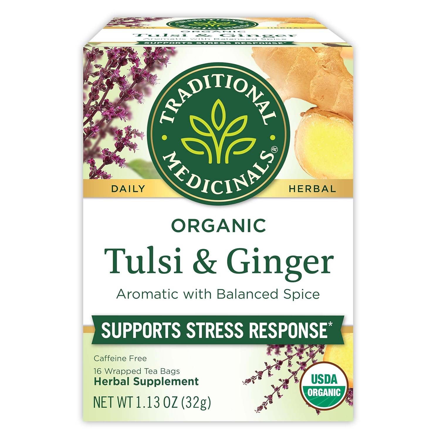 traditional medicinals tea, organic tulsi & ginger relieves stress, tension, & irritability kosher, non gmo, caffeine free 16 tea bags traditional medicinals tea, organic tulsi & ginger relieves stress, tension, & irritability kosher, non gmo, caffeine free 16 tea bags
