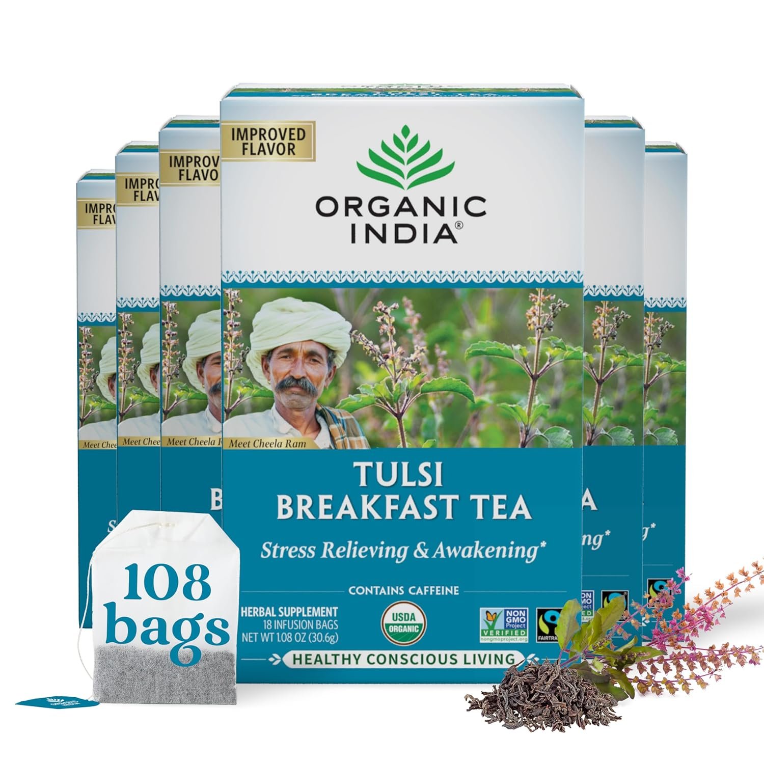 organic india tulsi breakfast herbal tea black tea, holy basil, relieve stress & energize, immune support, adaptogen vegan, usda certified organic, non gmo, caffeinated 18 infusion bags, 6 pack organic india tulsi breakfast herbal tea black tea, holy basil, relieve stress & energize, immune support, adaptogen vegan, usda certified organic, non gmo, caffeinated 18 infusion bags, 6 pack