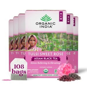 organic india tulsi sweet rose assam black tea stress relieving & elevating, 17mg of caffeine per cup, with ayurvedic herbs, vegan, usda organic, non gmo 18 rose tea bags (pack of 6)